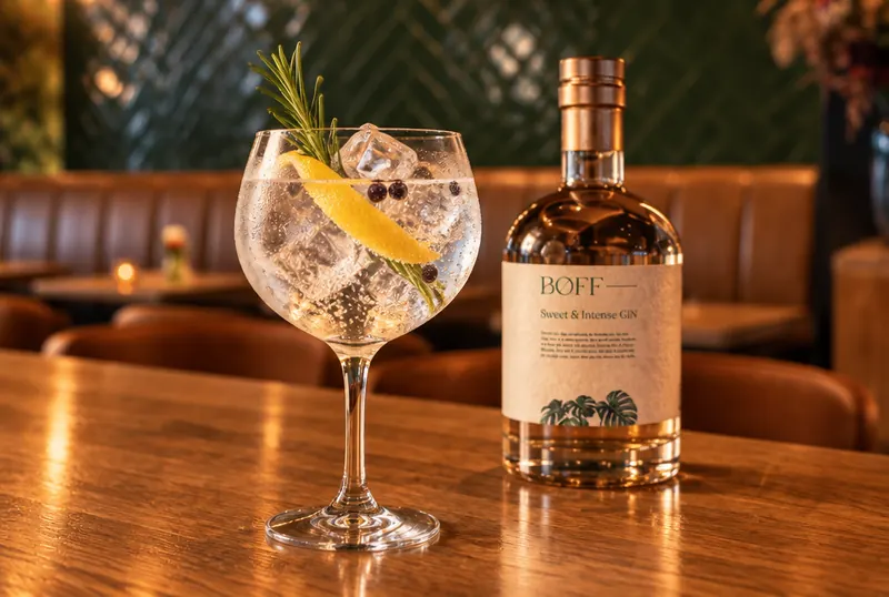 Gin and tonic with rosemary and lemon next to a bottle of BØFF gin on the bar