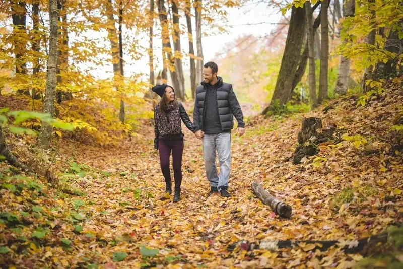 Wandelaars op een bospad vol herfstbladeren
