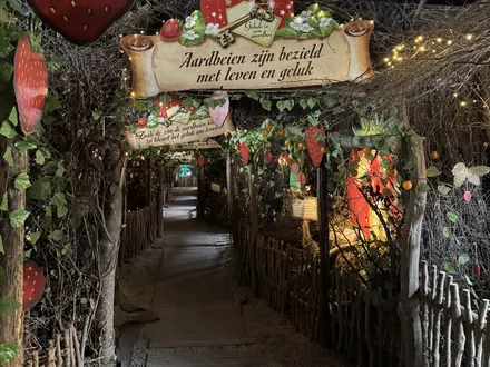 Overdekte gang met wilgentenen, aardbeienborden en lichtjes in Het Aardbeienland
