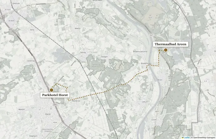 Karte mit der Route vom Parkhotel Horst zum Thermalbad Arcen