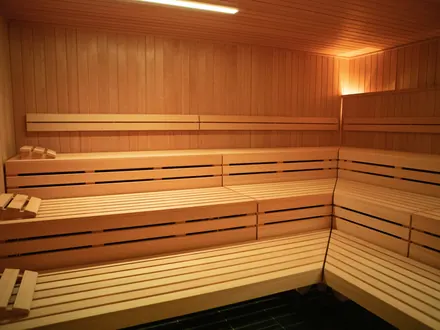 Geräumige Holzsauna mit Bänken auf drei Ebenen