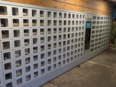 Farm vending machine with a wall of compartments filled with regional products