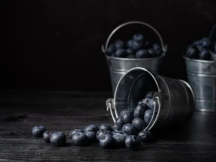 Metal buckets full of blueberries, one bucket tipped over