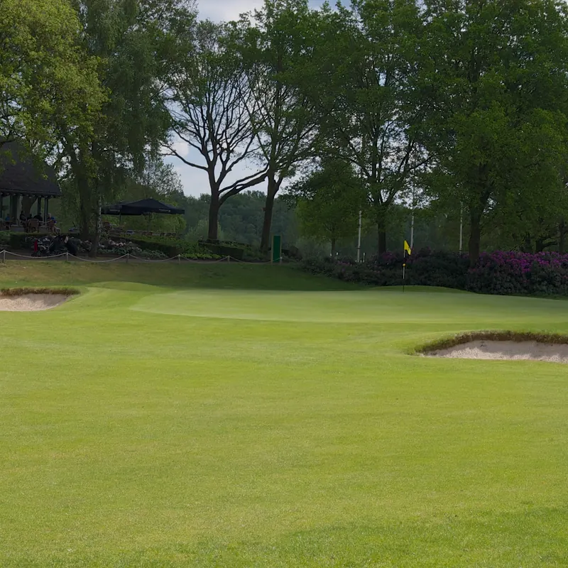 Green with bunkers between the trees at Golf- en Countryclub Geijsteren