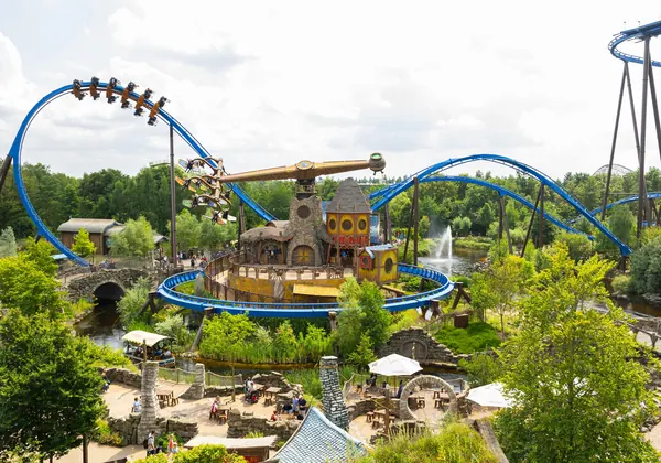 Toverland in Sevenum from above, with the world of Avalon and a roller coaster