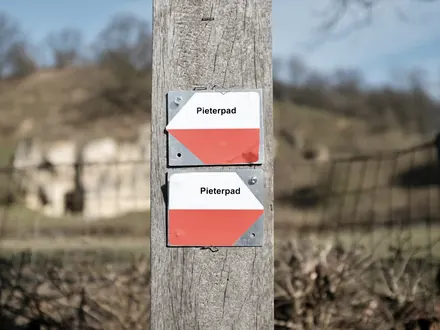 White and red Pieterpad waymarks on a wooden post