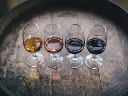 Four tasting glasses of wine, from white to dark red, on a wooden barrel