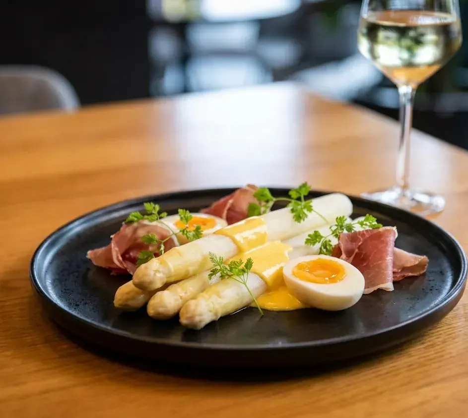 White asparagus with ham, egg and hollandaise sauce