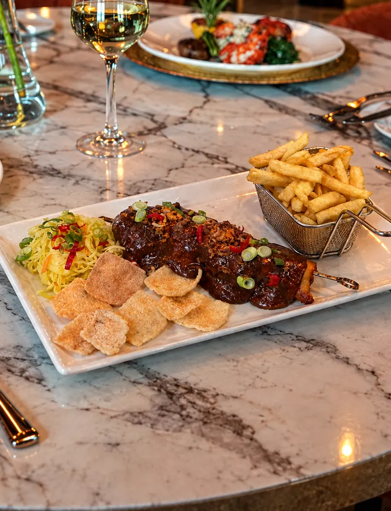 Chicken satay from restaurant BØFF: skewer of marinated chicken thigh with satay sauce, atjar, cassava crackers and fries on the marble table