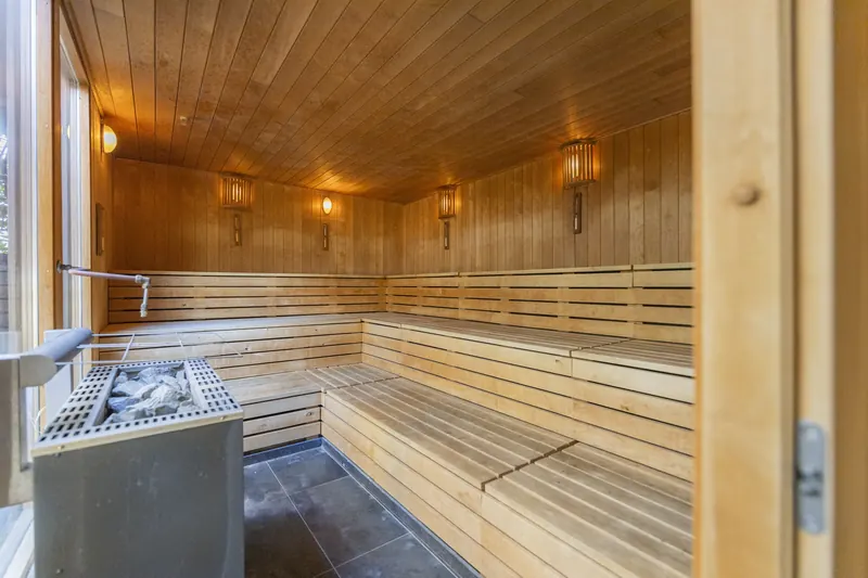 Ruime houten sauna met bankniveaus en een stenen kachel